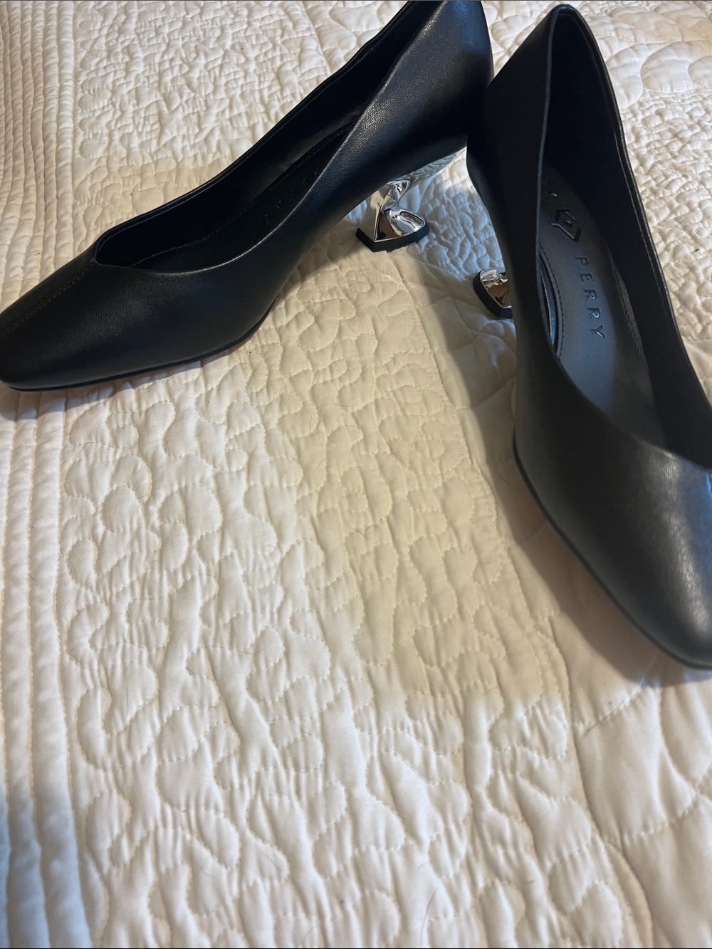 Katy Perry Collections Black Square-Toe Pumps, Heels with Center Seam. Chrome